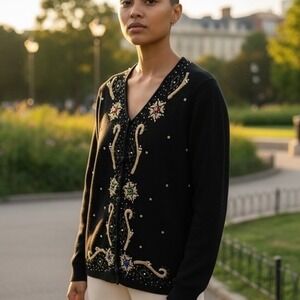 Victoria Jones Embellished Black & Gold Ugly‎ Christmas Holiday Cardigan Sweater